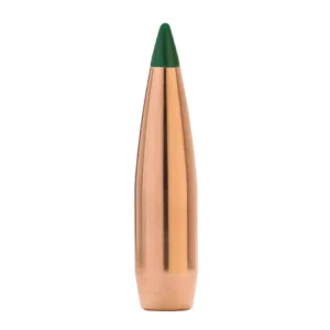 Close-up product image of a Sierra Bullets rifle projectile available from Precision Reloading featuring a copper jacket with a green polymer tip on a white background
