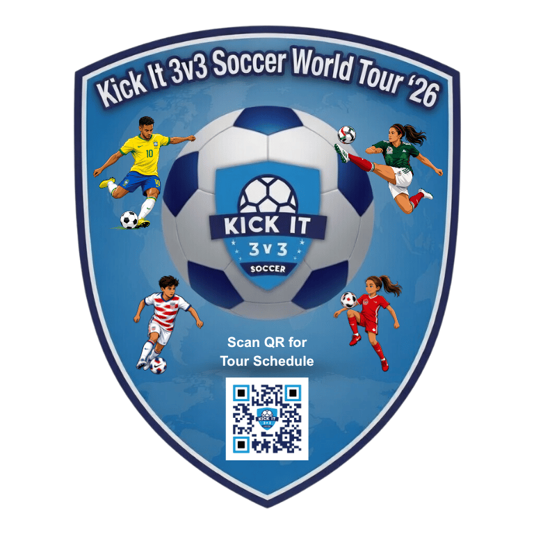 Kick It 3v3 Soccer World Tour 2026 shield-style graphic featuring a large soccer ball with the Kick It 3v3 logo in the center, surrounded by four youth soccer players in action. The graphic includes a QR code for the tour schedule and highlights the Kick It 3v3 Soccer World Tour 
