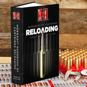 Hornady Handbook of Cartridge Reloading 12th Edition displayed on a reloading bench with brass cartridge cases, bullets, and measuring tools, highlighting reloading resources and supplies available from Precision Reloading