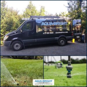 Aqua-Bright Irrigation & Illumination service vehicle and lawn sprinkler systems providing irrigation coverage for green landscapes