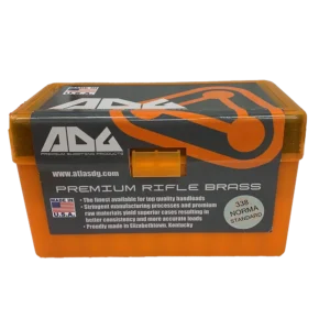 ADG (Atlas Development Group) Premium Rifle Brass in .338 Norma Magnum, packaged in an orange ammunition storage box, made in the USA and available from Precision Reloading