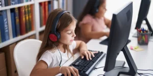 Student using Amira tests headphones from Encore Data Products while using a desktop computer at a workstation