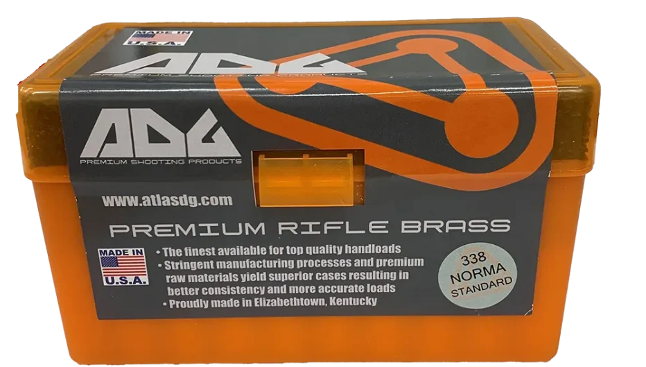 ADG (Atlas Development Group) Premium Rifle Brass in .338 Norma Magnum, packaged in an orange ammunition storage box, made in the USA and available from Precision Reloading