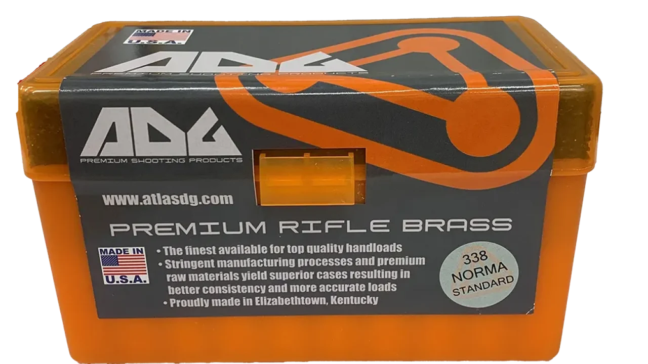ADG (Atlas Development Group) Premium Rifle Brass in .338 Norma Magnum, packaged in an orange ammunition storage box, made in the USA and available from Precision Reloading
