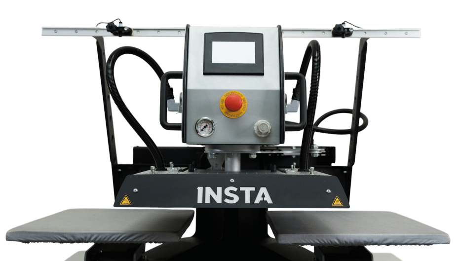 Front view of an Insta Graphic Systems dual-platen automatic heat press with touchscreen controls and two workstations