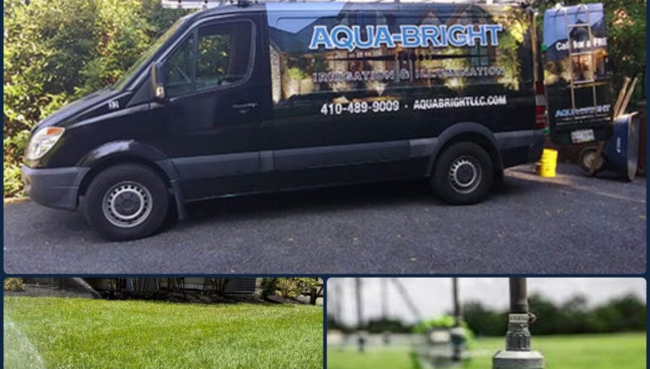 Aqua-Bright Irrigation & Illumination service vehicle and lawn sprinkler systems providing irrigation coverage for green landscapes