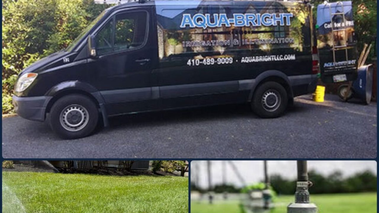 Aqua-Bright Irrigation & Illumination service vehicle and lawn sprinkler systems providing irrigation coverage for green landscapes