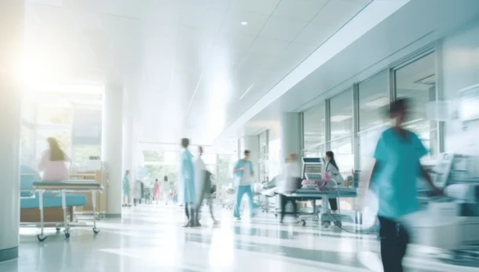 Bright hospital corridor with healthcare workers and medical staff, representing healthcare environments using hospital headphones and audio hygiene solutions from Encore Data Products