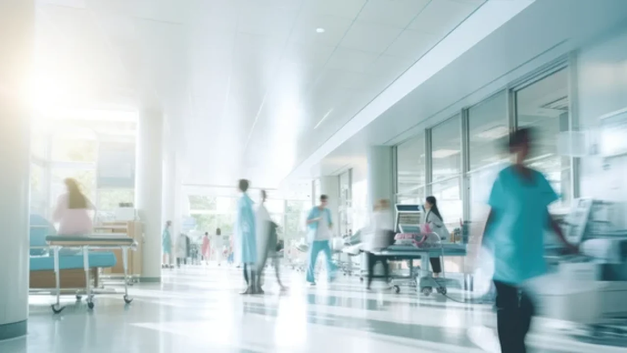 Bright hospital corridor with healthcare workers and medical staff, representing healthcare environments using hospital headphones and audio hygiene solutions from Encore Data Products