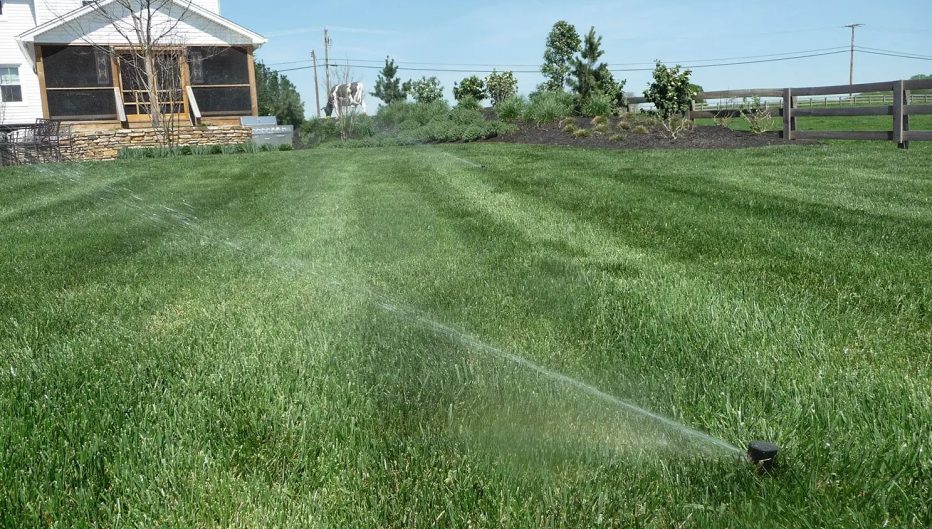 An automatic sprinkler system waters a lush residential lawn, highlighting professional irrigation design and water-efficient landscape care by Aqua-Bright Irrigation LLC