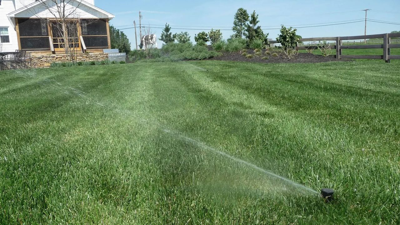 An automatic sprinkler system waters a lush residential lawn, highlighting professional irrigation design and water-efficient landscape care by Aqua-Bright Irrigation LLC